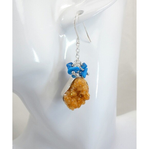 Bright Orange Citrine - Blue Arizona Turquoise Sterling Silver Earrings - Picture 2 of 9